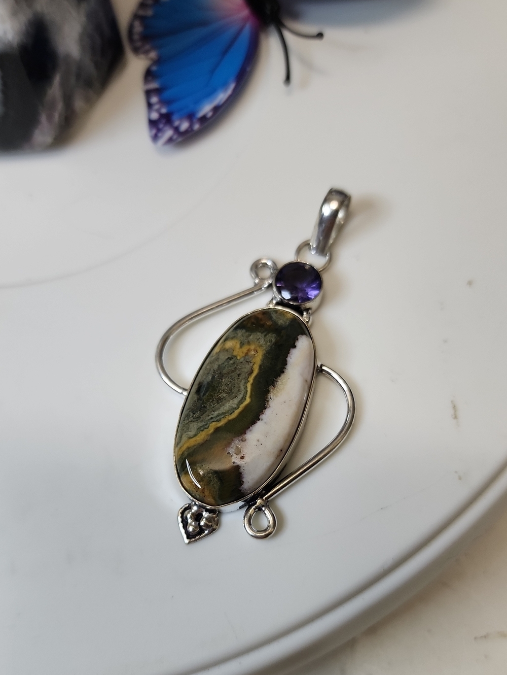 Ocean Jasper and Amethyst Pendant - Green White